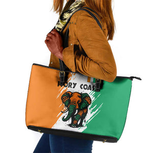 Ivory Coast Leather Tote Bag African Elephant in Ivorian Flag Colors - African Pride