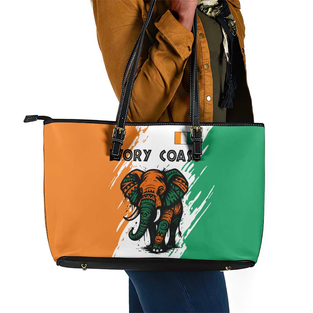Ivory Coast Leather Tote Bag African Elephant in Ivorian Flag Colors - African Pride