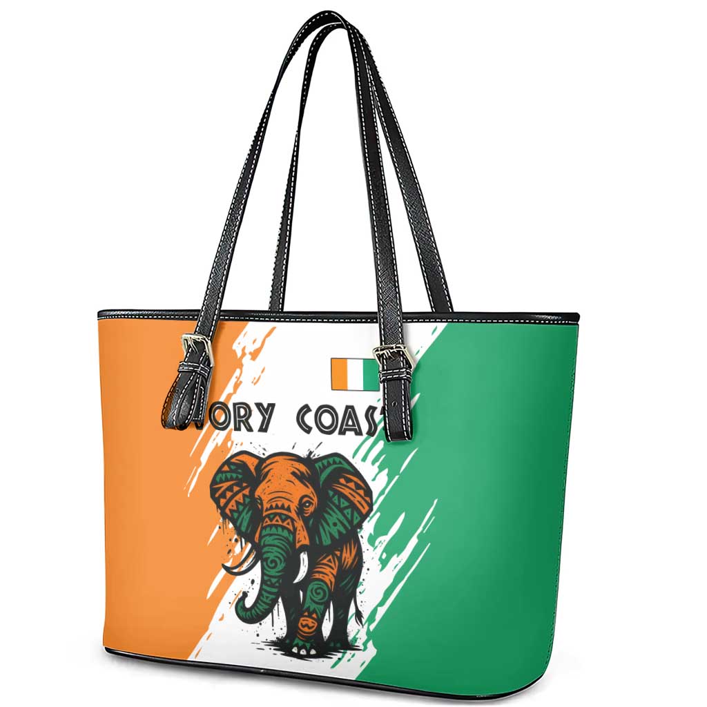 Ivory Coast Leather Tote Bag African Elephant in Ivorian Flag Colors - African Pride