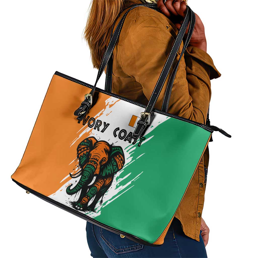 Ivory Coast Leather Tote Bag African Elephant in Ivorian Flag Colors - African Pride