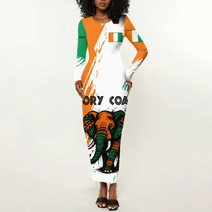 Ivory Coast Long Sleeve Bodycon Dress African Elephant in Ivorian Flag Colors - African Pride