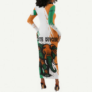 Ivory Coast Long Sleeve Bodycon Dress African Elephant in Ivorian Flag Colors - African Pride