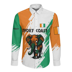 Ivory Coast Long Sleeve Button Shirt African Elephant in Ivorian Flag Colors - African Pride