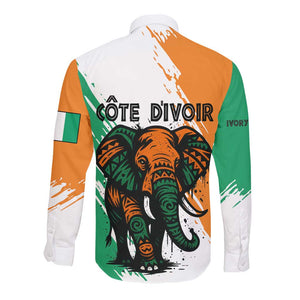 Ivory Coast Long Sleeve Button Shirt African Elephant in Ivorian Flag Colors - African Pride