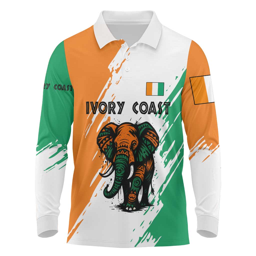 Ivory Coast Long Sleeve Polo Shirt African Elephant in Ivorian Flag Colors - African Pride