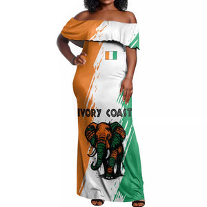 Ivory Coast Off Shoulder Maxi Dress African Elephant in Ivorian Flag Colors - African Pride