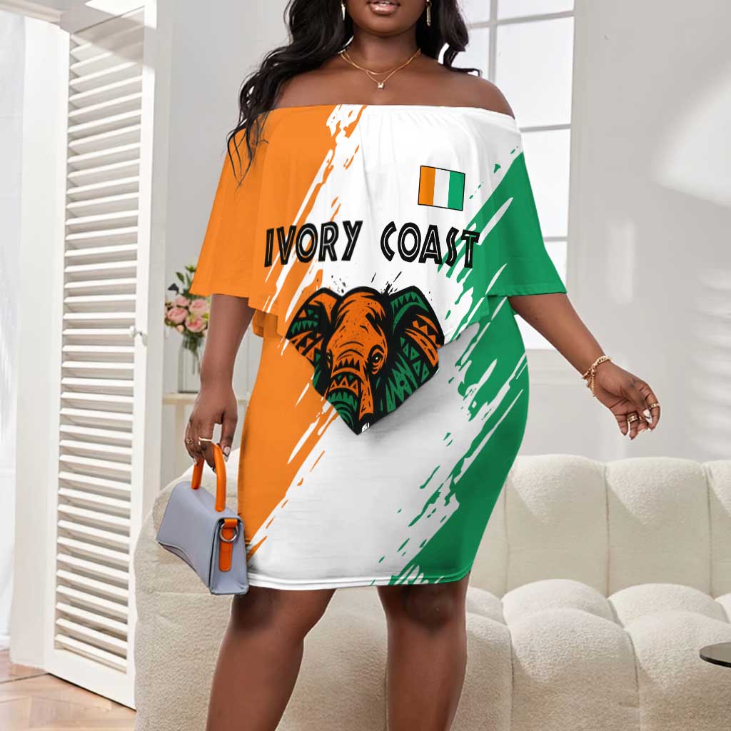 Ivory Coast Off Shoulder Short Dress African Elephant in Ivorian Flag Colors - African Pride