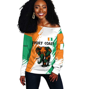 Ivory Coast Off Shoulder Sweater African Elephant in Ivorian Flag Colors - African Pride