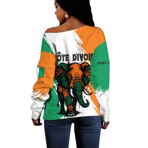 Ivory Coast Off Shoulder Sweater African Elephant in Ivorian Flag Colors - African Pride