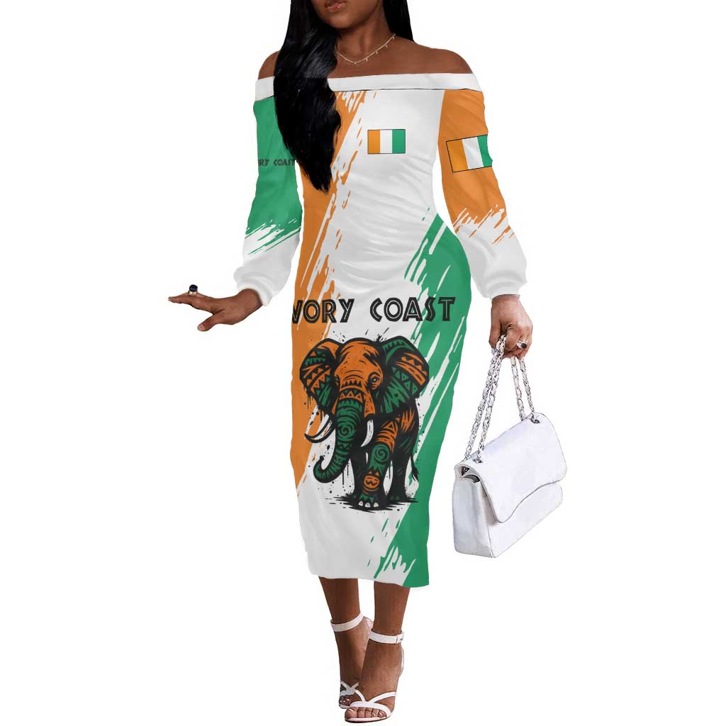 Ivory Coast Off The Shoulder Long Sleeve Dress African Elephant in Ivorian Flag Colors - African Pride
