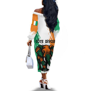 Ivory Coast Off The Shoulder Long Sleeve Dress African Elephant in Ivorian Flag Colors - African Pride