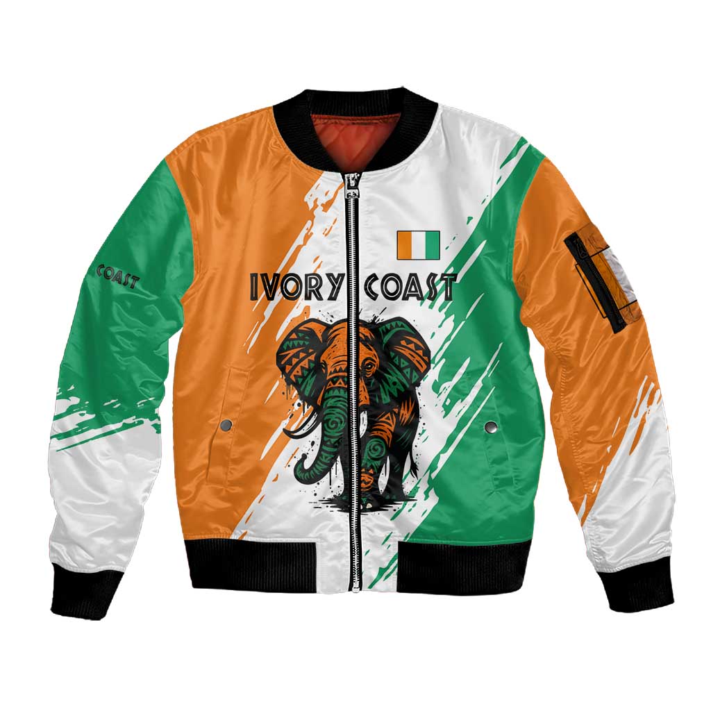 Ivory Coast Sleeve Zip Bomber Jacket African Elephant in Ivorian Flag Colors - African Pride