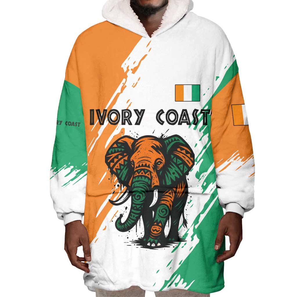 Ivory Coast Wearable Blanket Hoodie African Elephant in Ivorian Flag Colors - African Pride