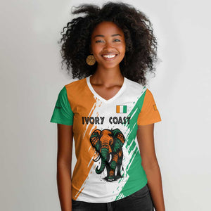 Ivory Coast Women V-Neck T-Shirt African Elephant in Ivorian Flag Colors - African Pride