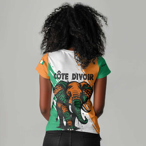 Ivory Coast Women V-Neck T-Shirt African Elephant in Ivorian Flag Colors - African Pride