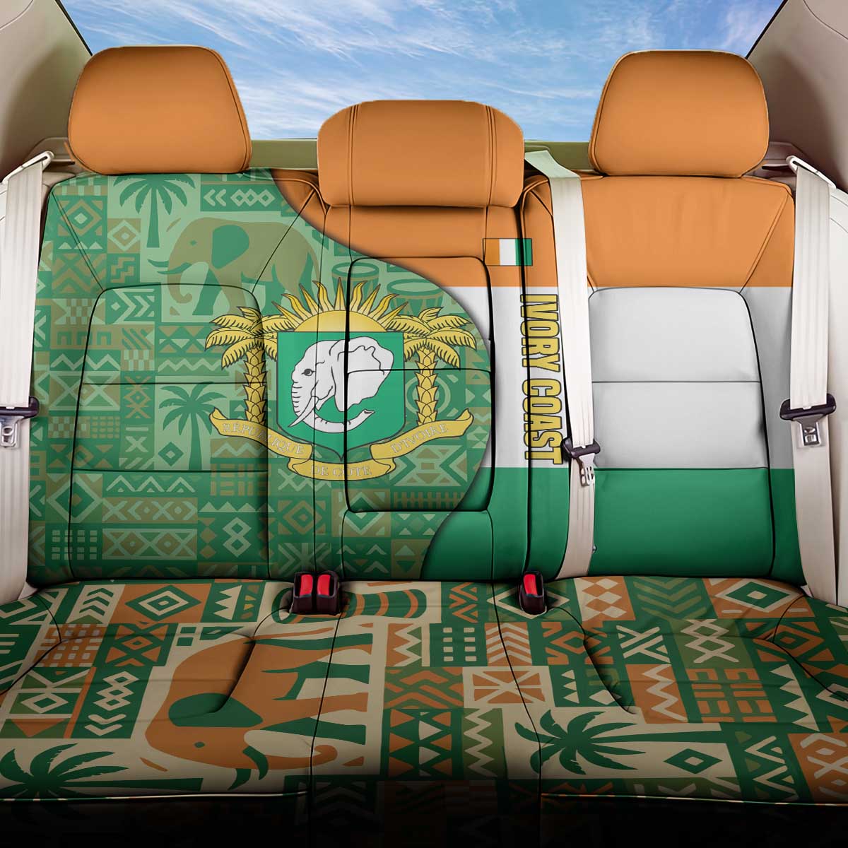 Ivory Coast Back Car Seat Cover Elephant Crest and Tribal Pattern - African Pride