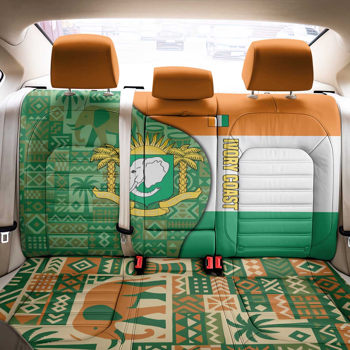 Ivory Coast Back Car Seat Cover Elephant Crest and Tribal Pattern - African Pride