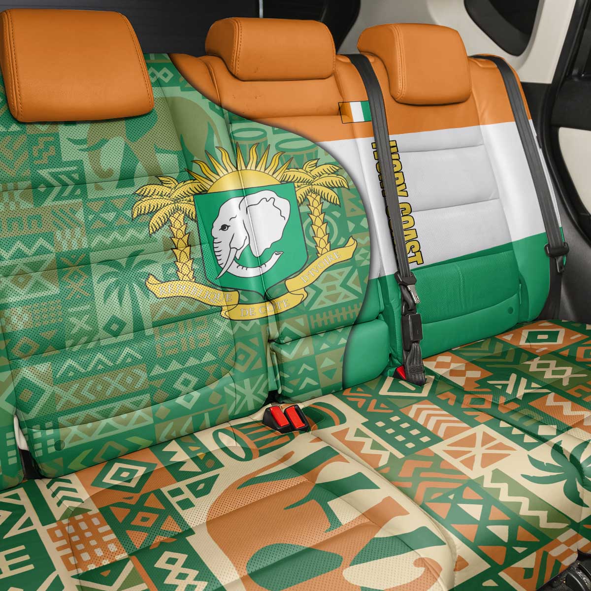 Ivory Coast Back Car Seat Cover Elephant Crest and Tribal Pattern - African Pride
