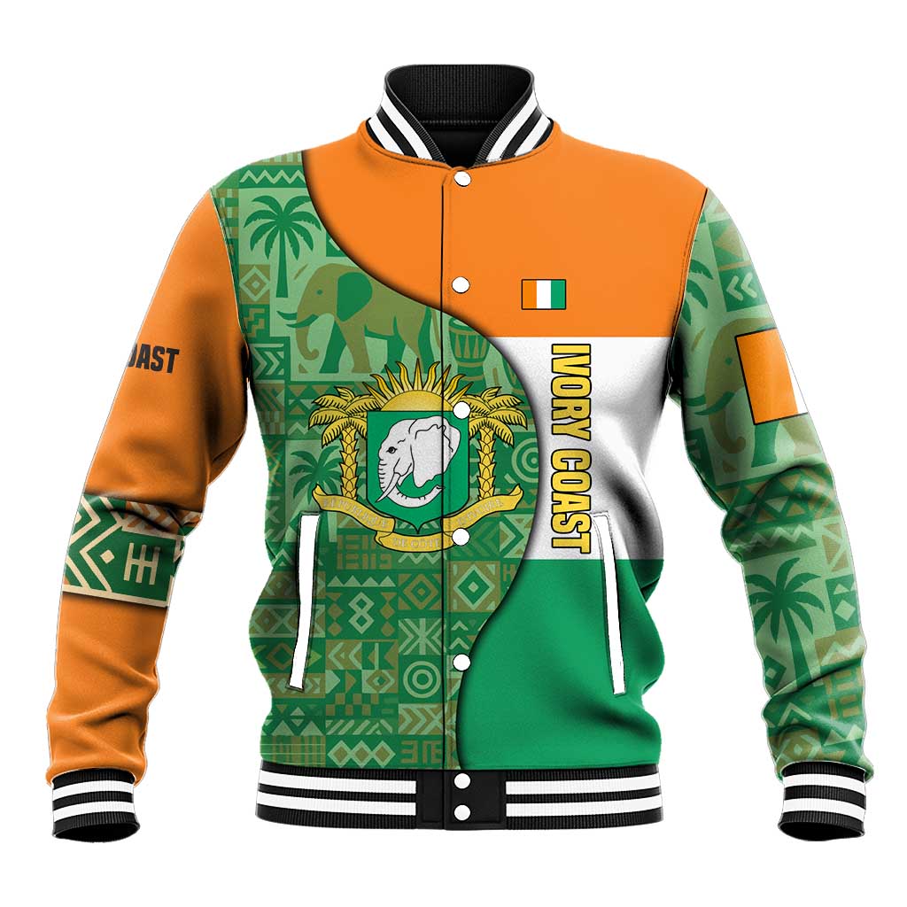 Ivory Coast Baseball Jacket Elephant Crest and Tribal Pattern - African Pride