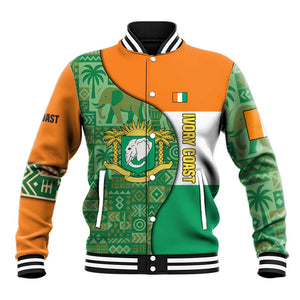 Ivory Coast Baseball Jacket Elephant Crest and Tribal Pattern - African Pride