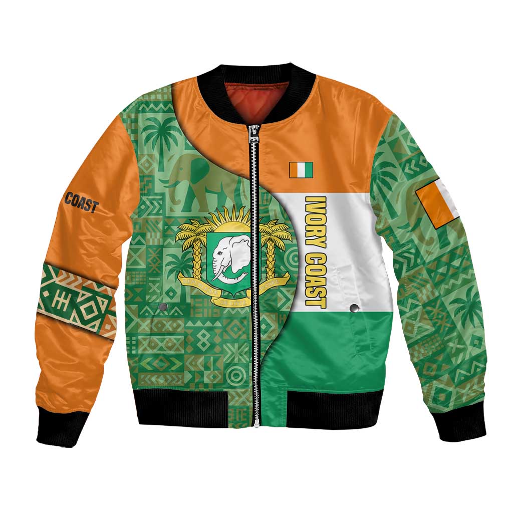 Ivory Coast Bomber Jacket Elephant Crest and Tribal Pattern - African Pride