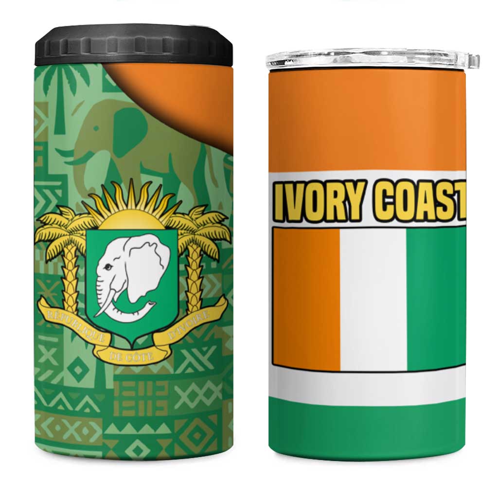 Ivory Coast 4 in 1 Can Cooler Tumbler Elephant Crest and Tribal Pattern - African Pride