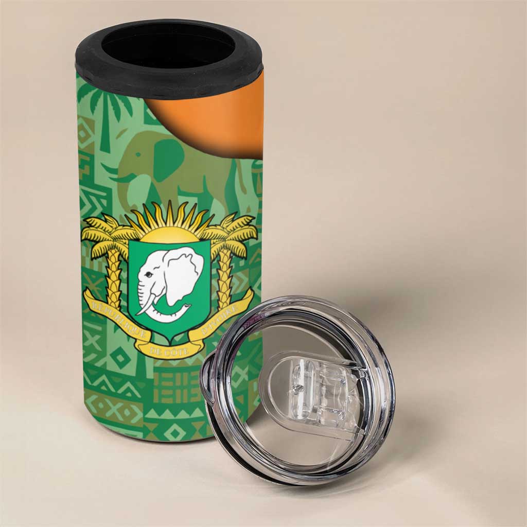Ivory Coast 4 in 1 Can Cooler Tumbler Elephant Crest and Tribal Pattern - African Pride