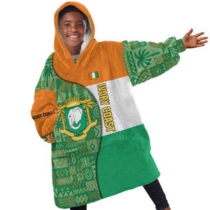 Ivory Coast Kid Wearable Blanket Hoodie Elephant Crest and Tribal Pattern - African Pride