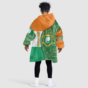 Ivory Coast Kid Wearable Blanket Hoodie Elephant Crest and Tribal Pattern - African Pride