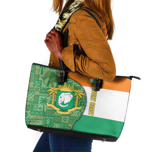 Ivory Coast Leather Tote Bag Elephant Crest and Tribal Pattern - African Pride