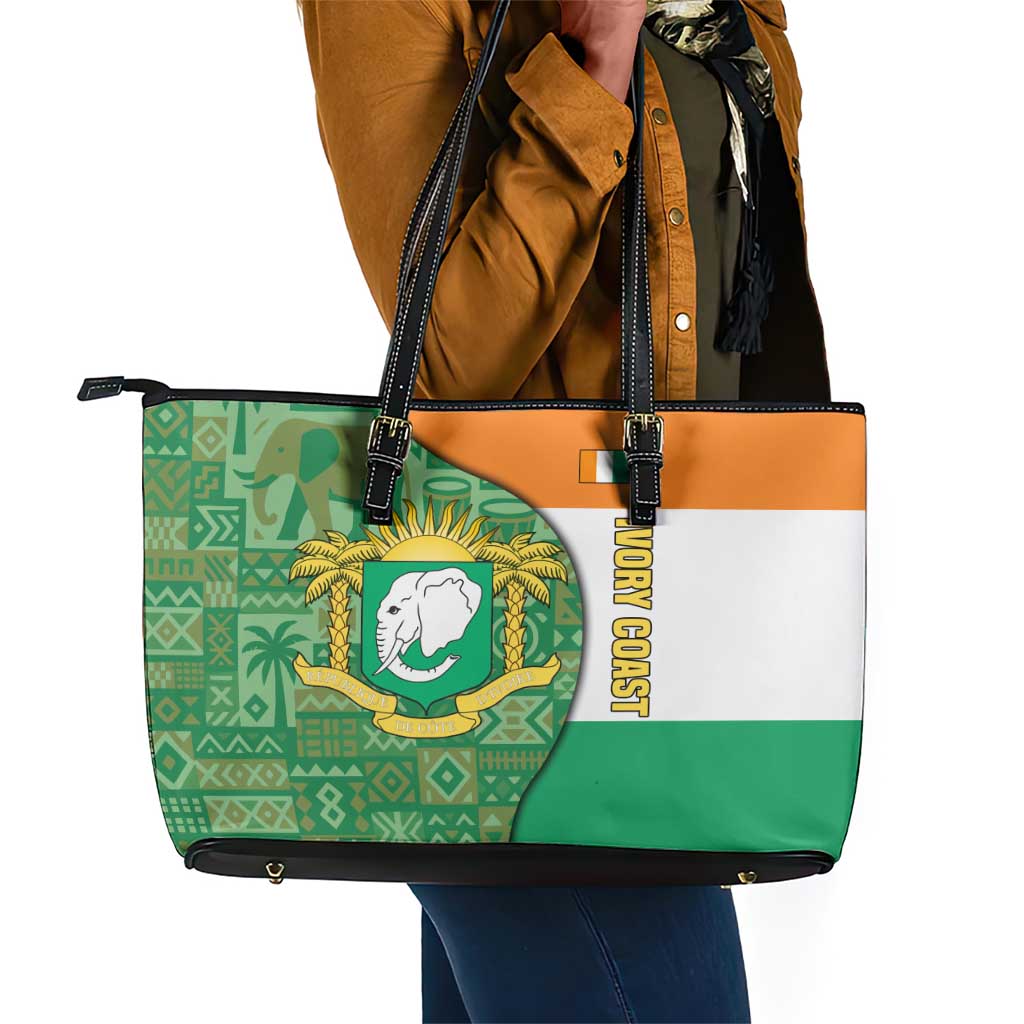 Ivory Coast Leather Tote Bag Elephant Crest and Tribal Pattern - African Pride