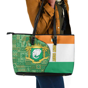 Ivory Coast Leather Tote Bag Elephant Crest and Tribal Pattern - African Pride