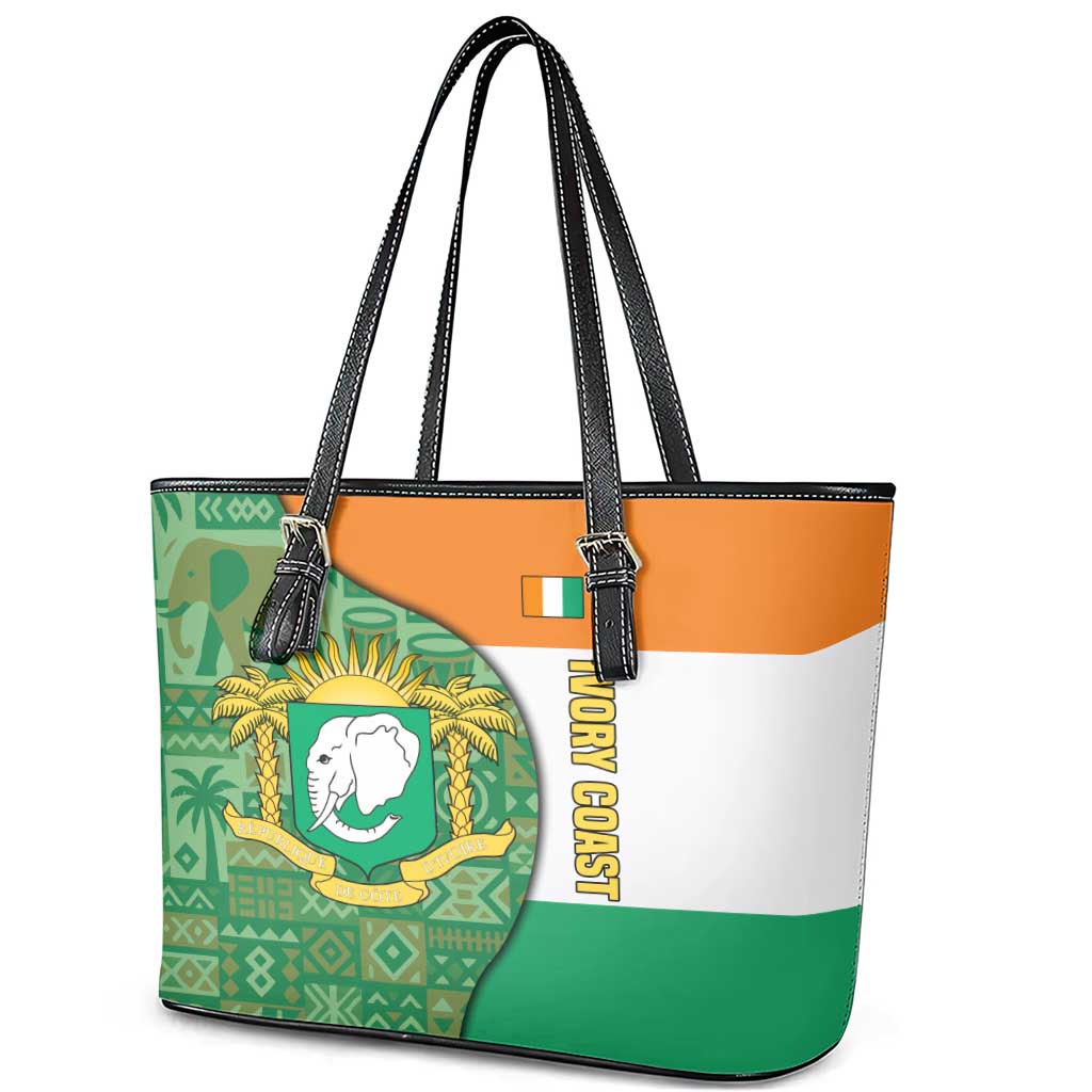 Ivory Coast Leather Tote Bag Elephant Crest and Tribal Pattern - African Pride