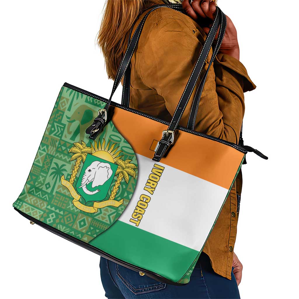 Ivory Coast Leather Tote Bag Elephant Crest and Tribal Pattern - African Pride