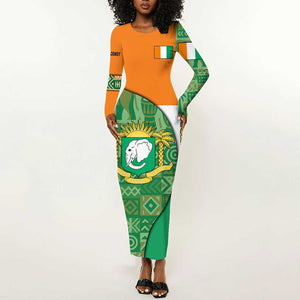 Ivory Coast Long Sleeve Bodycon Dress Elephant Crest and Tribal Pattern - African Pride