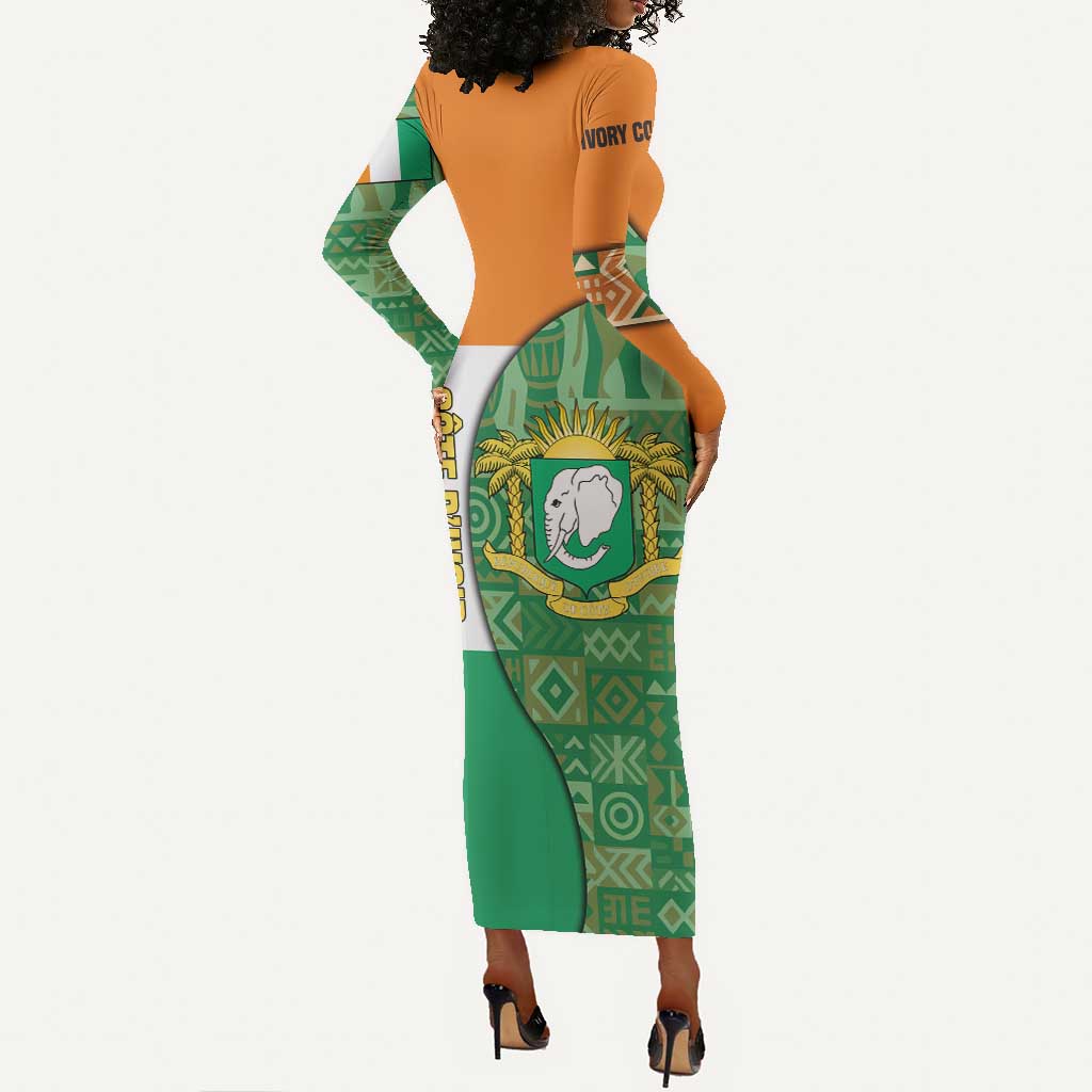 Ivory Coast Long Sleeve Bodycon Dress Elephant Crest and Tribal Pattern - African Pride