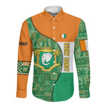 Ivory Coast Long Sleeve Button Shirt Elephant Crest and Tribal Pattern - African Pride