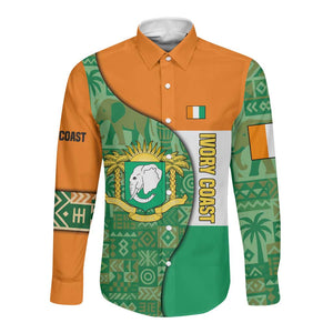 Ivory Coast Long Sleeve Button Shirt Elephant Crest and Tribal Pattern - African Pride