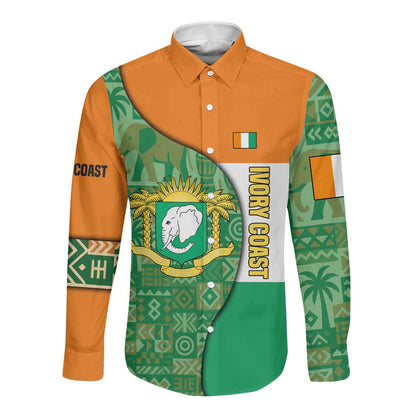 Ivory Coast Long Sleeve Button Shirt Elephant Crest and Tribal Pattern - African Pride