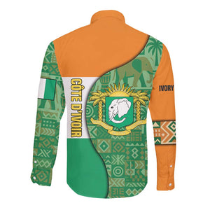 Ivory Coast Long Sleeve Button Shirt Elephant Crest and Tribal Pattern - African Pride