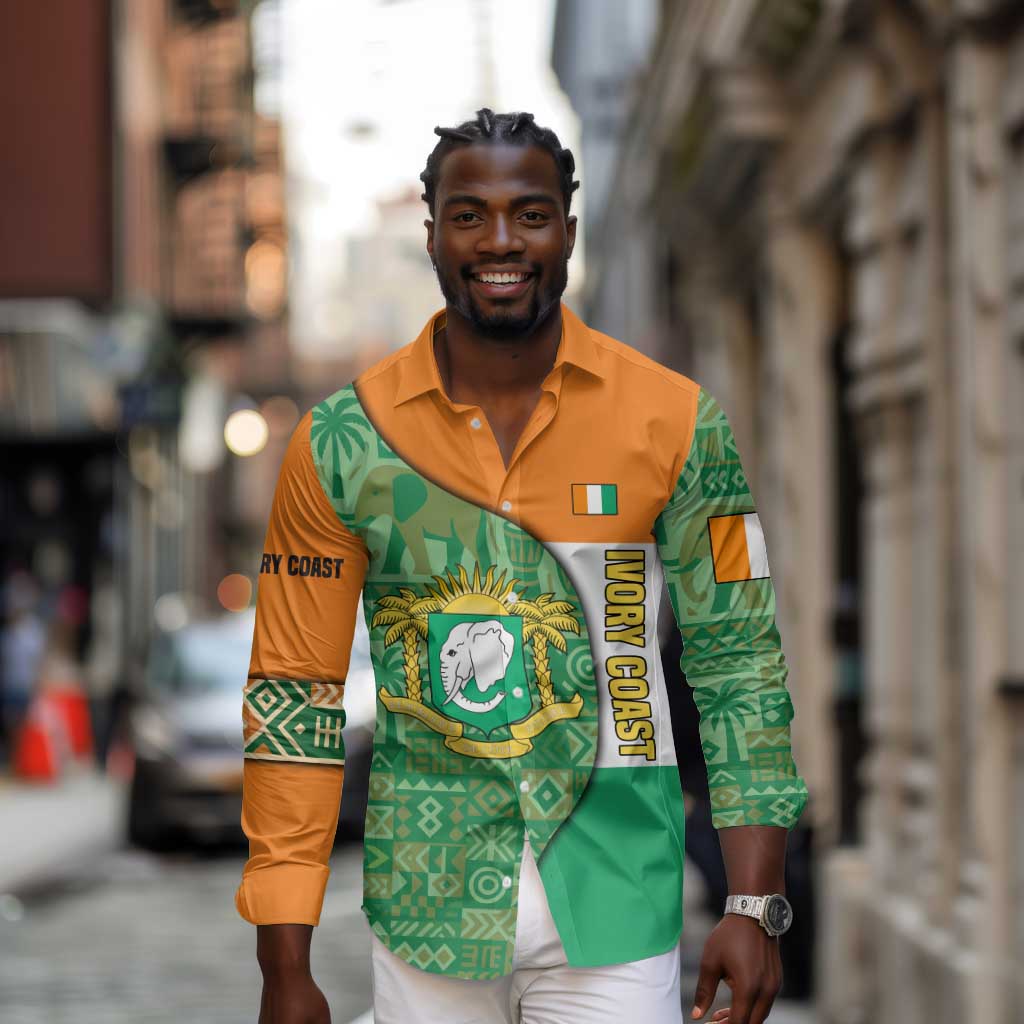 Ivory Coast Long Sleeve Button Shirt Elephant Crest and Tribal Pattern - African Pride