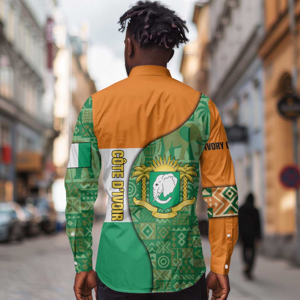 Ivory Coast Long Sleeve Button Shirt Elephant Crest and Tribal Pattern - African Pride