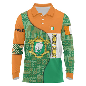 Ivory Coast Long Sleeve Polo Shirt Elephant Crest and Tribal Pattern - African Pride