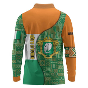 Ivory Coast Long Sleeve Polo Shirt Elephant Crest and Tribal Pattern - African Pride