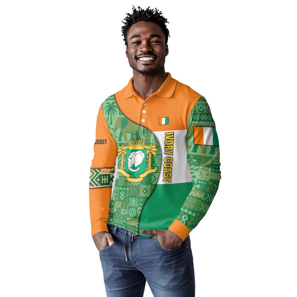 Ivory Coast Long Sleeve Polo Shirt Elephant Crest and Tribal Pattern - African Pride
