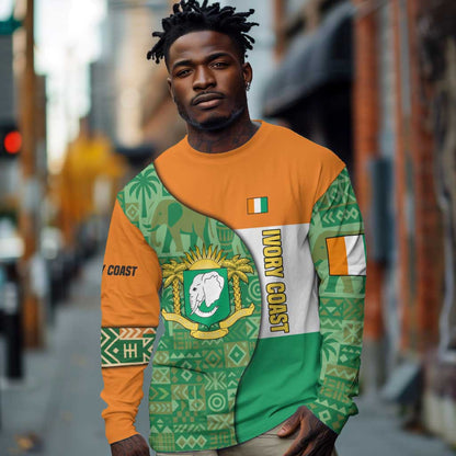 Ivory Coast Long Sleeve Shirt Elephant Crest and Tribal Pattern - African Pride