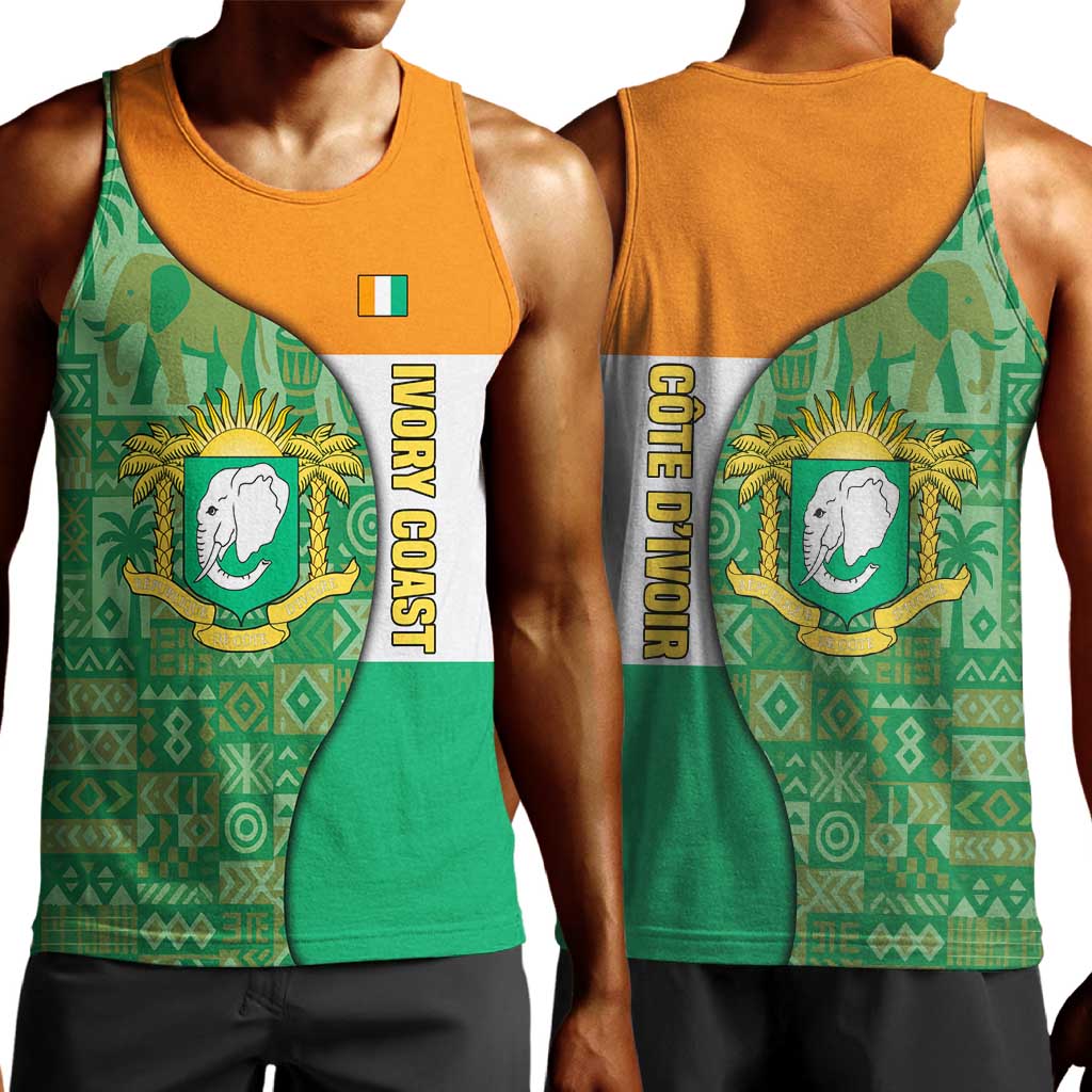 Ivory Coast Men Tank Top Elephant Crest and Tribal Pattern - African Pride