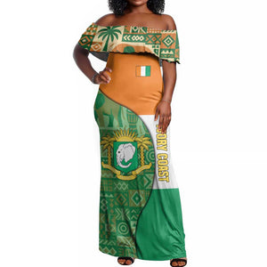 Ivory Coast Off Shoulder Maxi Dress Elephant Crest and Tribal Pattern - African Pride