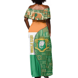 Ivory Coast Off Shoulder Maxi Dress Elephant Crest and Tribal Pattern - African Pride