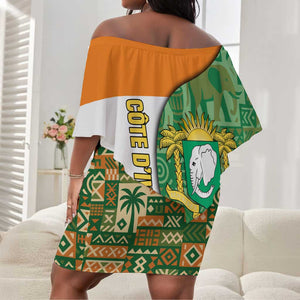 Ivory Coast Off Shoulder Short Dress Elephant Crest and Tribal Pattern - African Pride